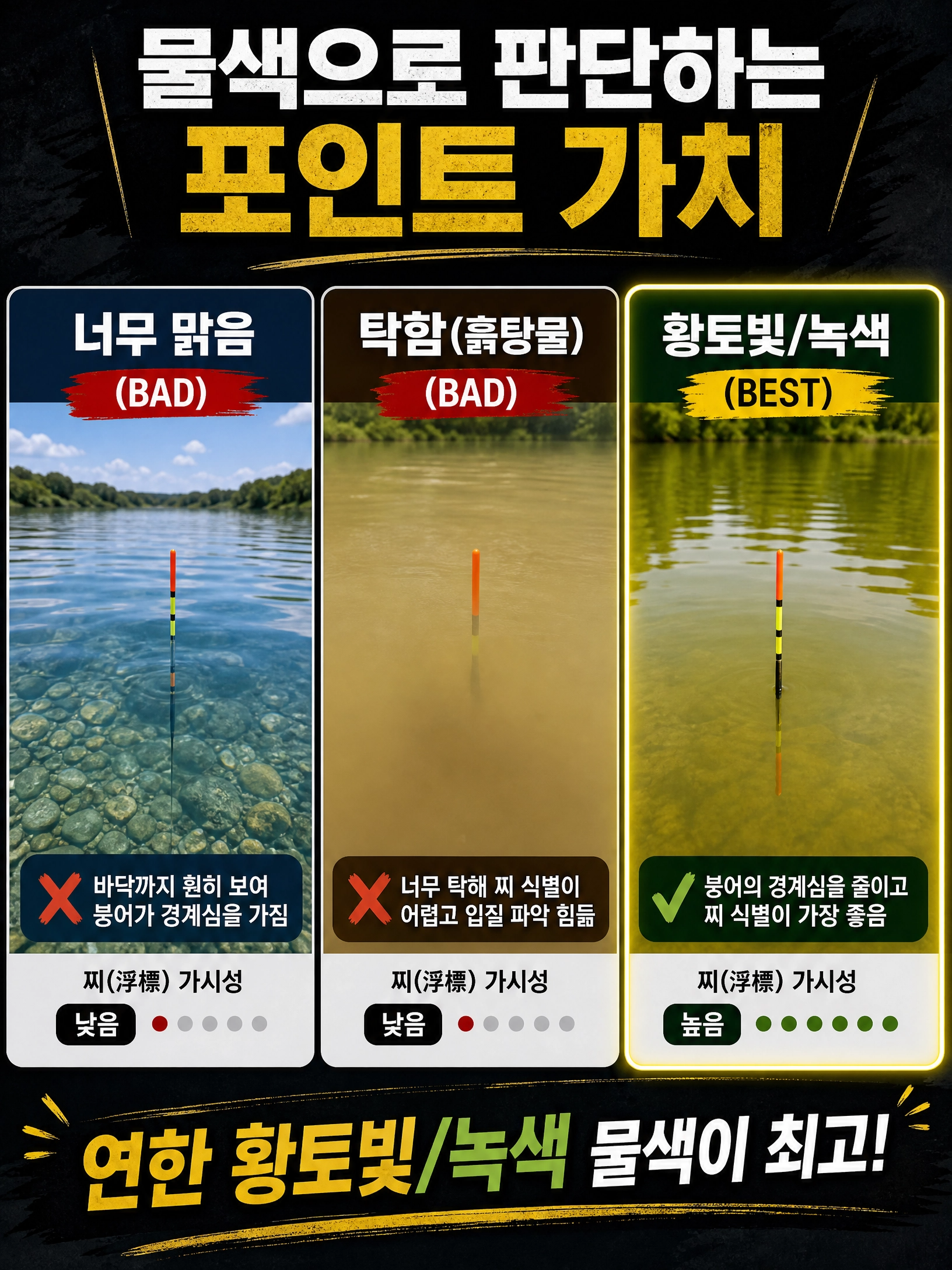 낚시 조과에 유리한 황토빛/녹색 물색과 불리한 물색 비교 가이드