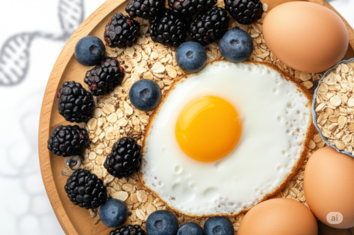 신선한 블루베리, 블랙베리, 오트밀, 그리고 달걀로 구성된 건강한 아침 식사. 배경에 DNA 구조 이미지가 흐릿하게 나타나 있습니다.