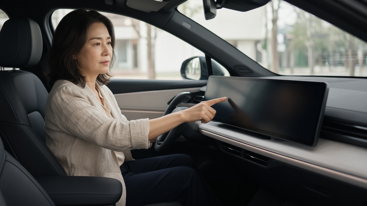 전기 SUV 운전석에 앉아 넓은 디스플레이를 조작해 보는 40대 한국인 여성