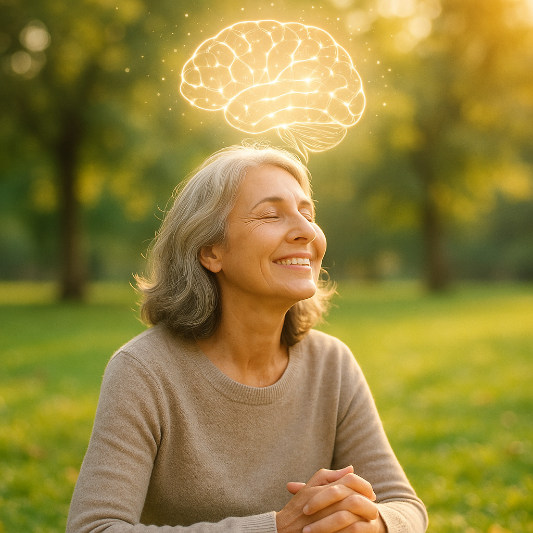 폐경기가-온-중년-여성이-편하게-웃고-있음