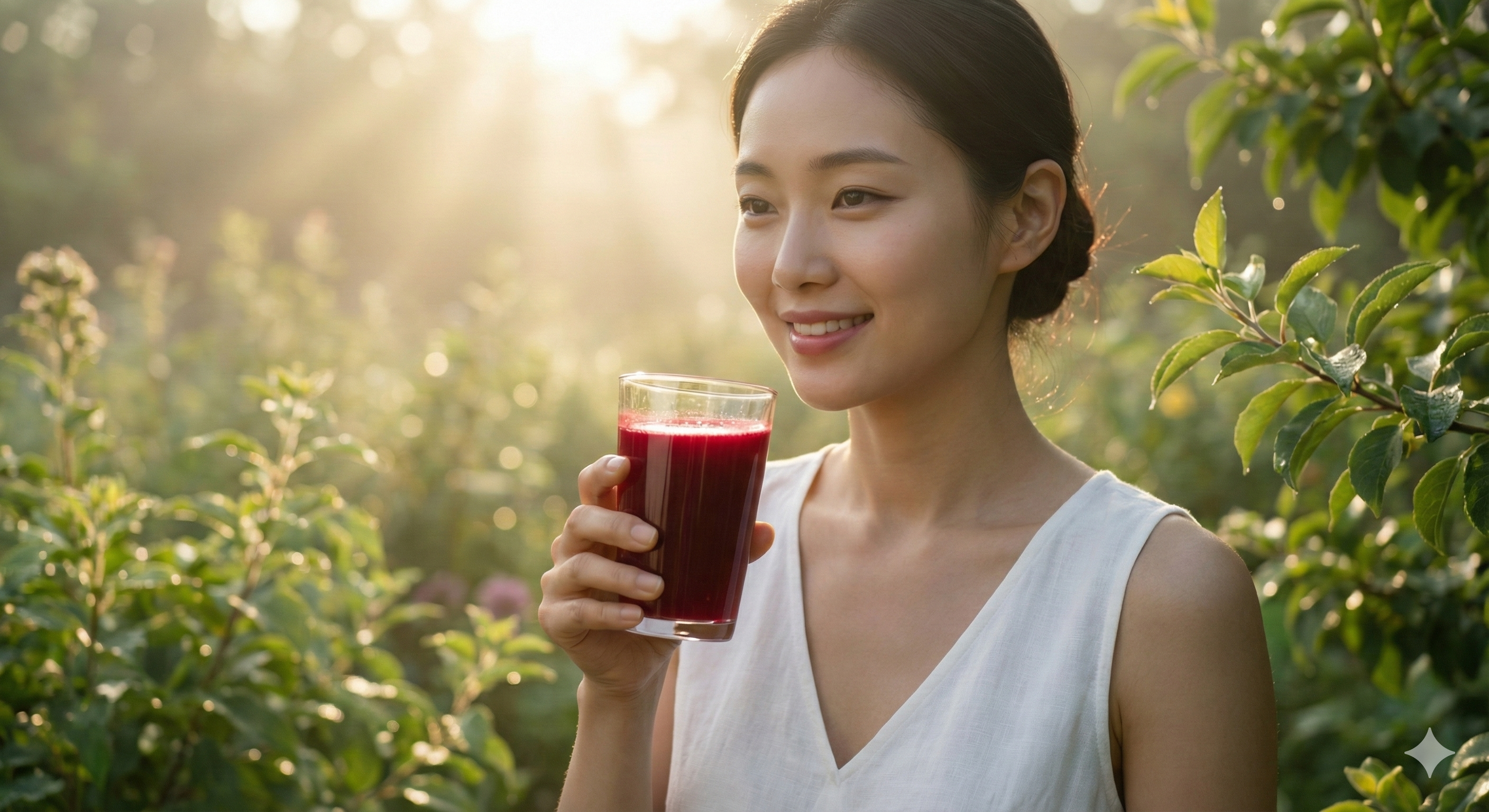 아침 햇살이 비치는 싱그러운 정원에서 진한 붉은색 비트 주스가 담긴 유리 잔을 들고 미소 짓는 지적이고 우아한 여성의 모습.