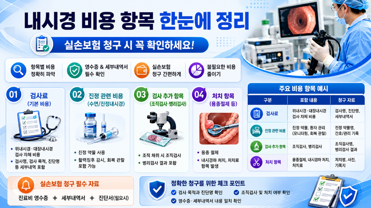 16:9 의료 인포그래픽으로 내시경 비용 항목 한눈에 정리를 주제로 검사료, 진정 관련 비용, 조직검사, 용종절제 항목과 청구 체크포인트를 정리한 이미지