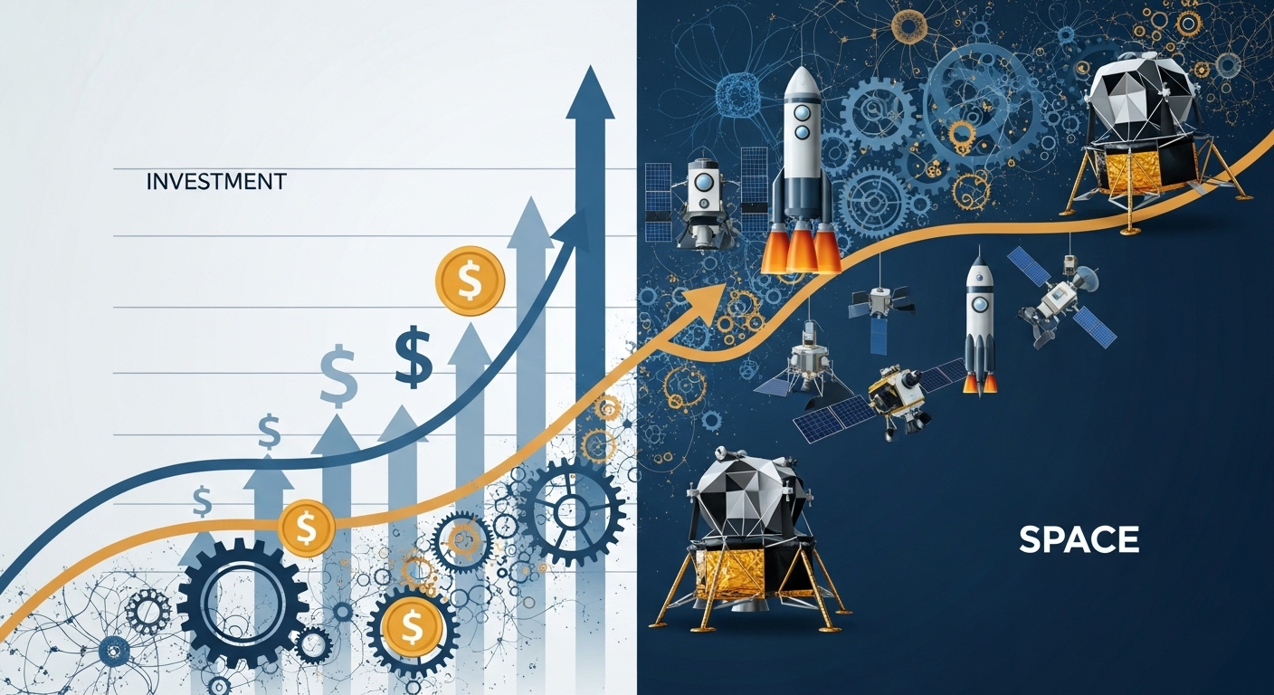 우주항공 산업의 급성장을 보여주는 상승 그래프와 위성, 로켓 등 기술 요소들이 조화롭게 배치된 인포그래픽. 우주 투자와 기술 발전을 상징.