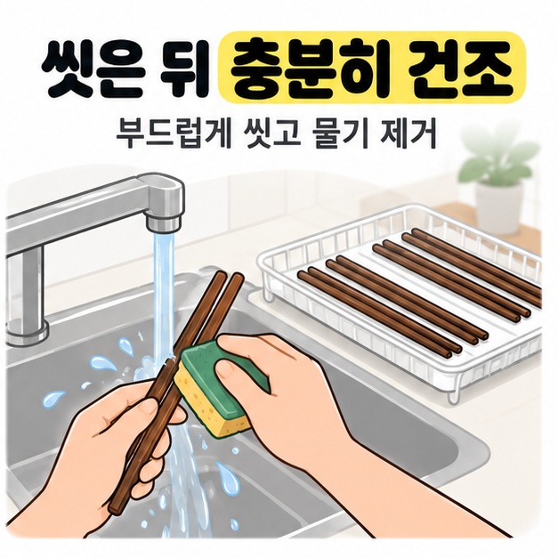 흐르는 물에서 스펀지로 나무 젓가락을 씻는 손과 옆 건조 받침에 간격을 두고 놓인 젓가락들