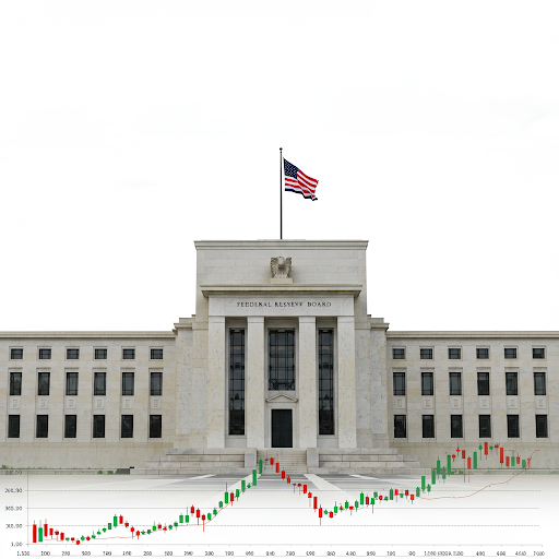 미국 연방준비이사회 건물과 금리 그래프
