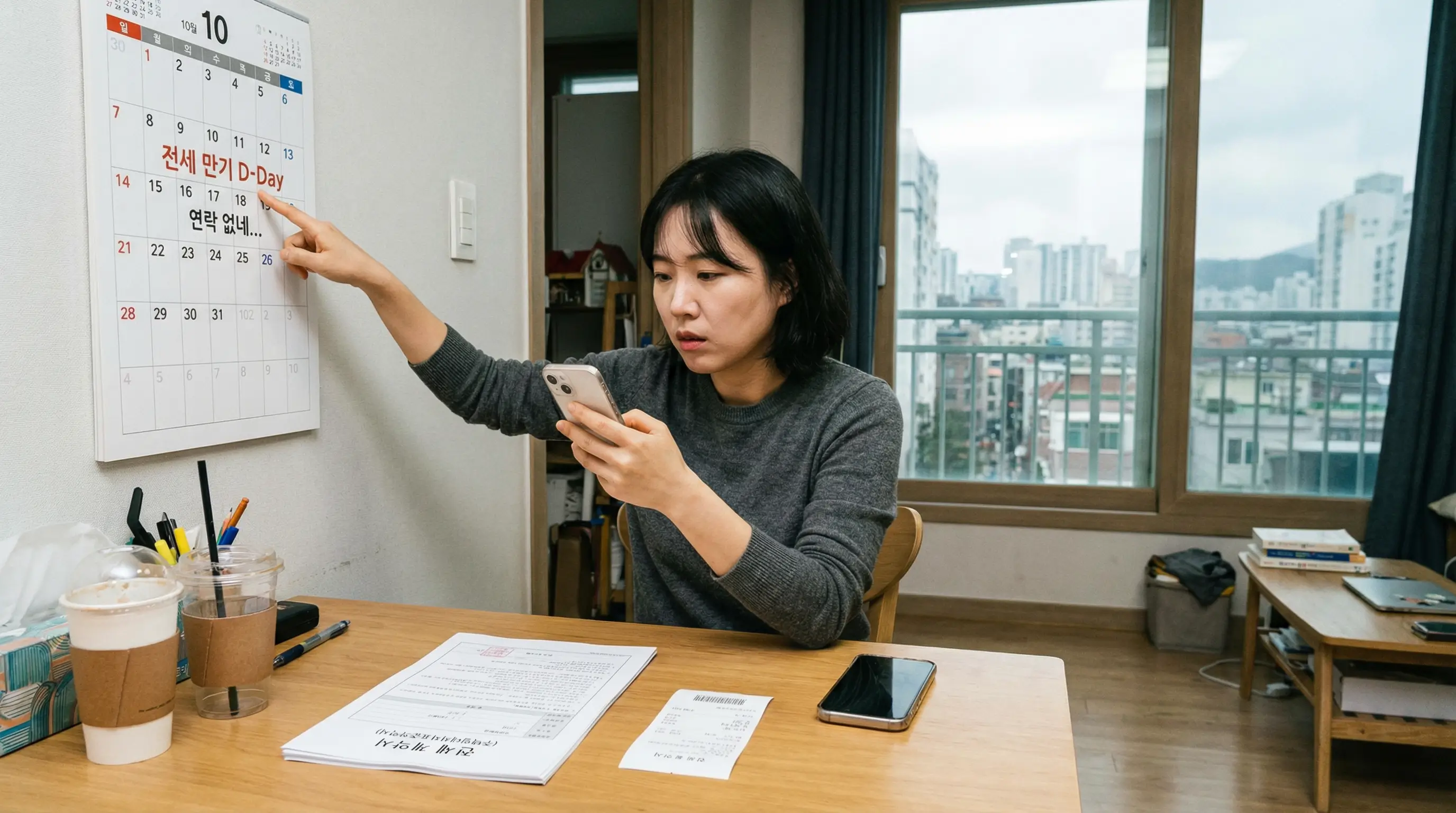 달력의 만기일을 확인하며 집주인의 연락을 기다리는 세입자와 전세 계약서가 놓인 테이블 이미지