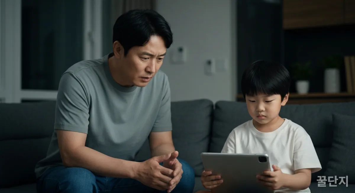 스마트 기기에 집중하는 아이와 걱정스러운 표정의 아빠