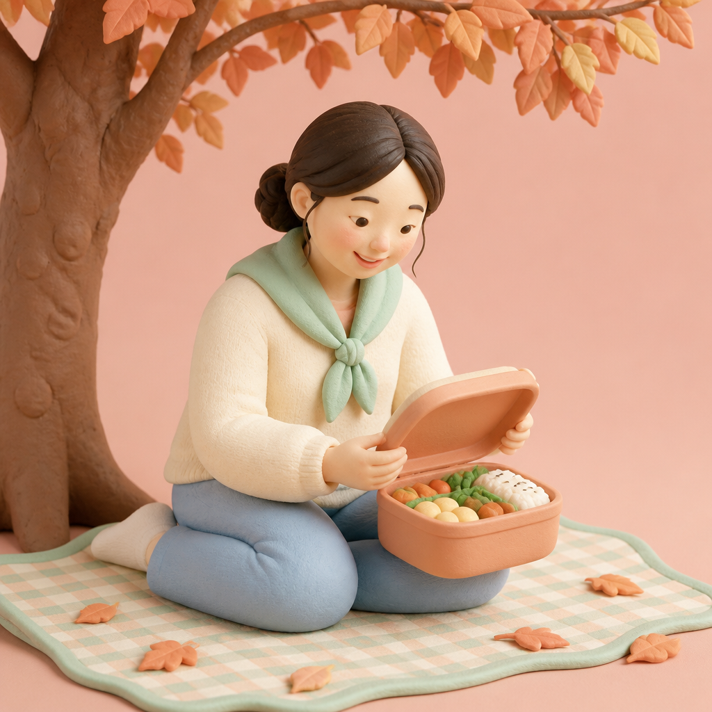 공원 그늘에서 도시락을 열고 웃는 성글이