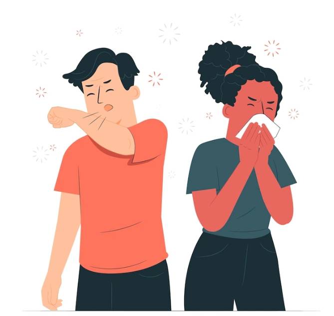 재채기를 하고 있는 남성과 코를 풀고 있는 여성