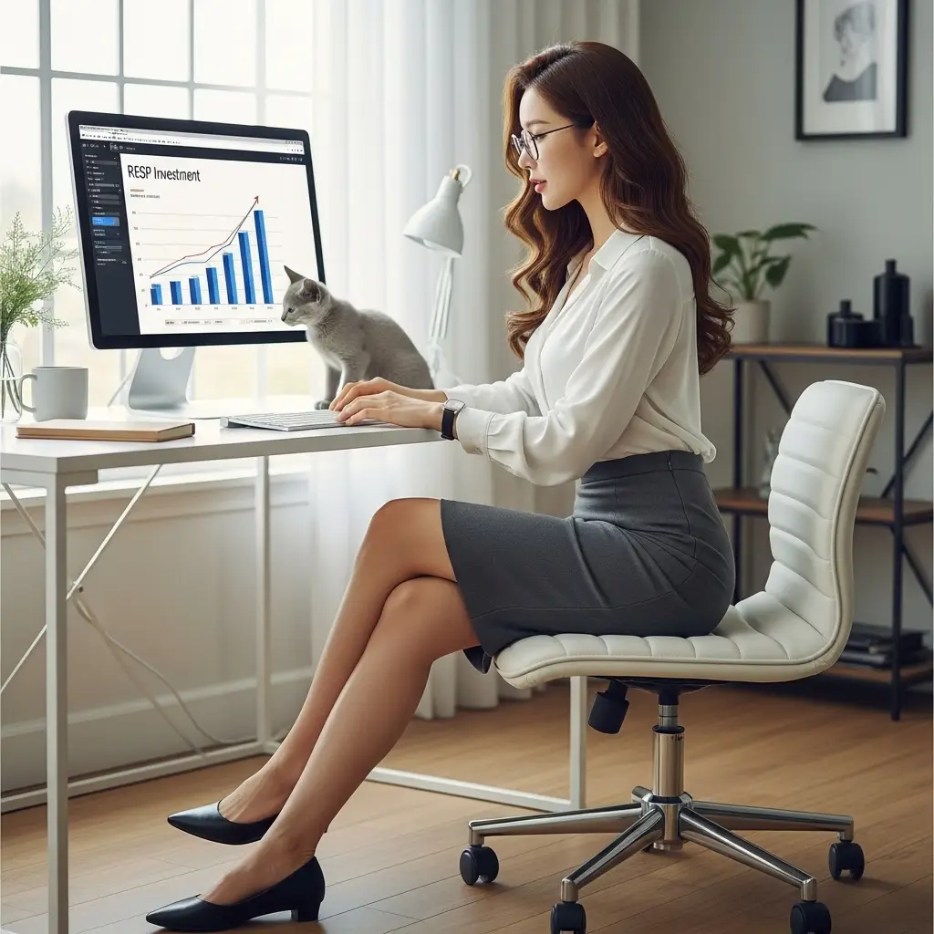 지적인 분위기의 학부모가 컴퓨터의 RESP 투자결과 그래프를 보며 만족스러운 미소를 짓고 있는 모습