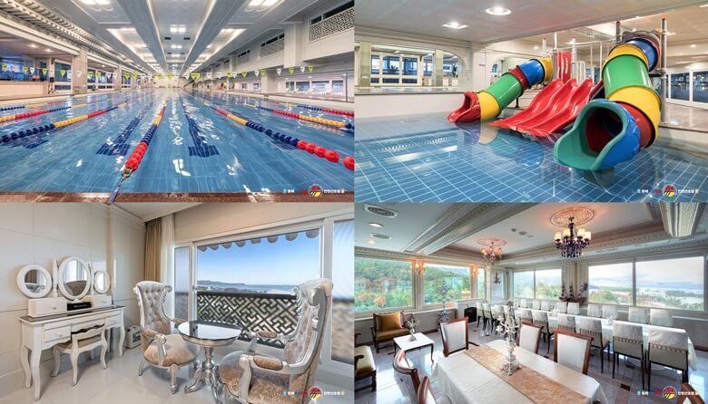 상단좌/우측사진은 해수수영장 모습이며 하단좌/우측은 바다가 보이는 숙소 내부사진과 식당사진