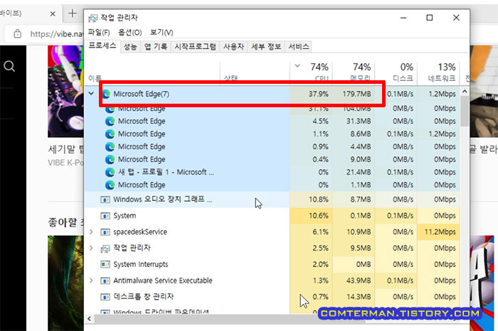 엣지 브라우저 성능 모드 CPU 점유율 메모리 사용량
