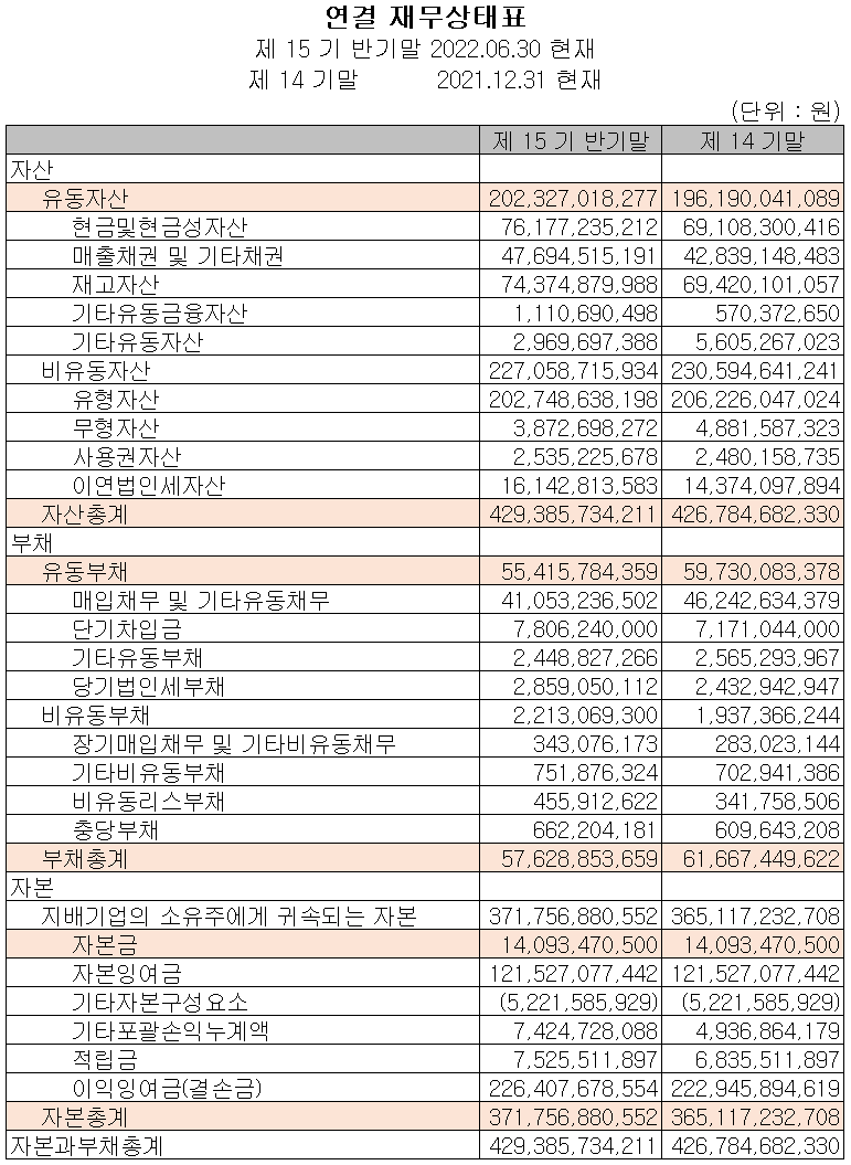 와이솔 - 재무상태표