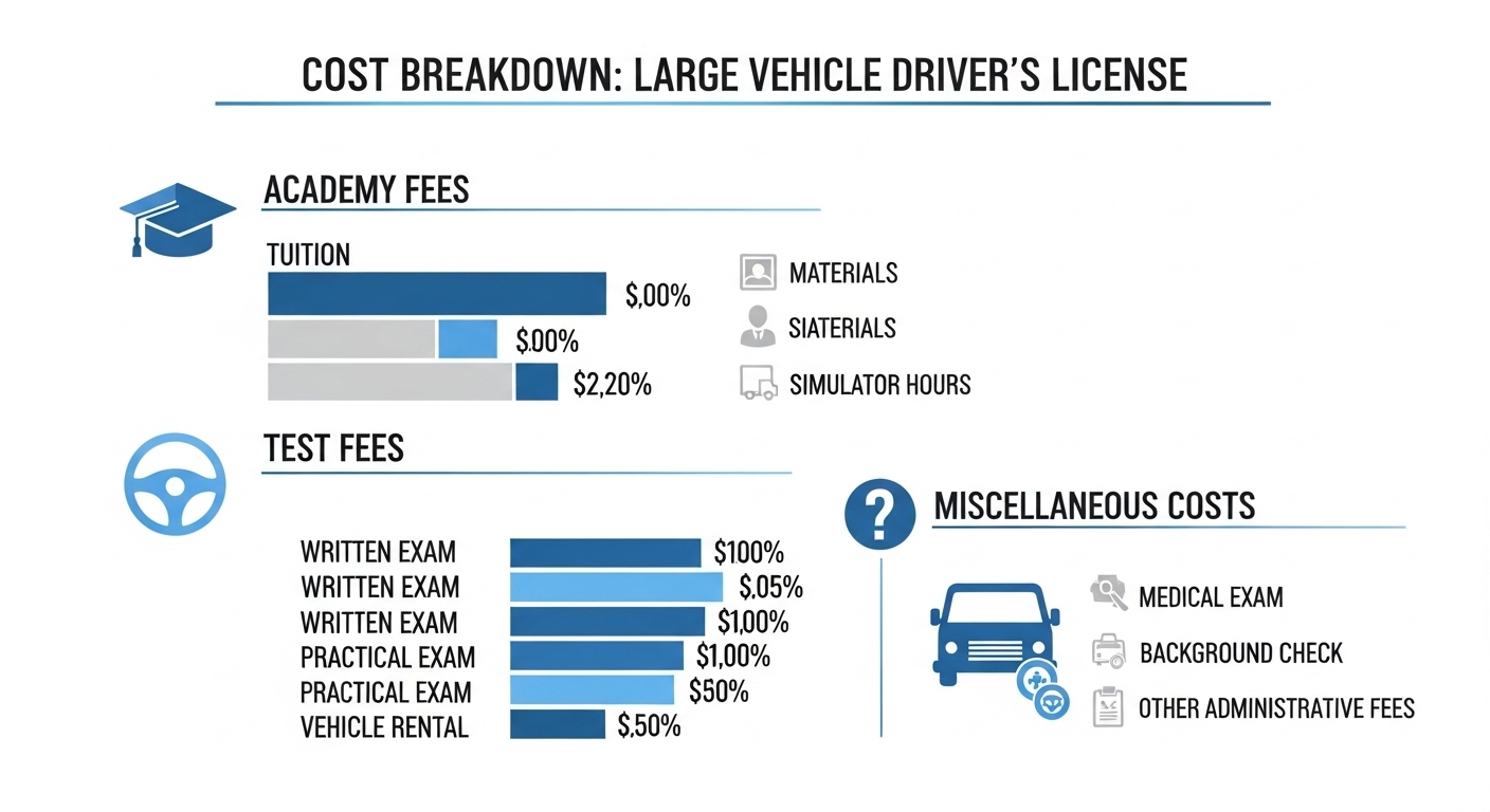 대형면허 취득에 필요한 학원 수강료, 시험 응시료 등 다양한 비용 항목을 시각적으로 보여주는 인포그래픽.