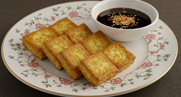 노릇하게 잘 구워진 두부 부침이 예쁜 접시에 담겨 있다.