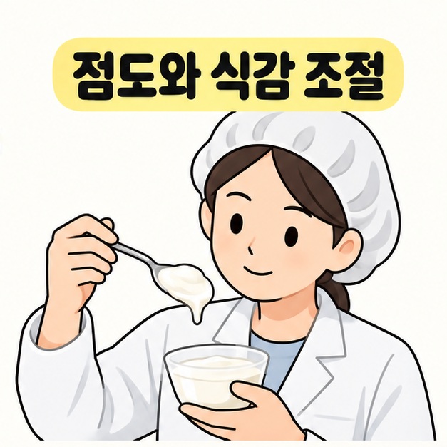 점도와 식감 조절 문구 아래 위생모와 흰 가운을 착용한 식품 제조 담당자가 요거트를 숟가락으로 떠 질감을 살펴보는 모습