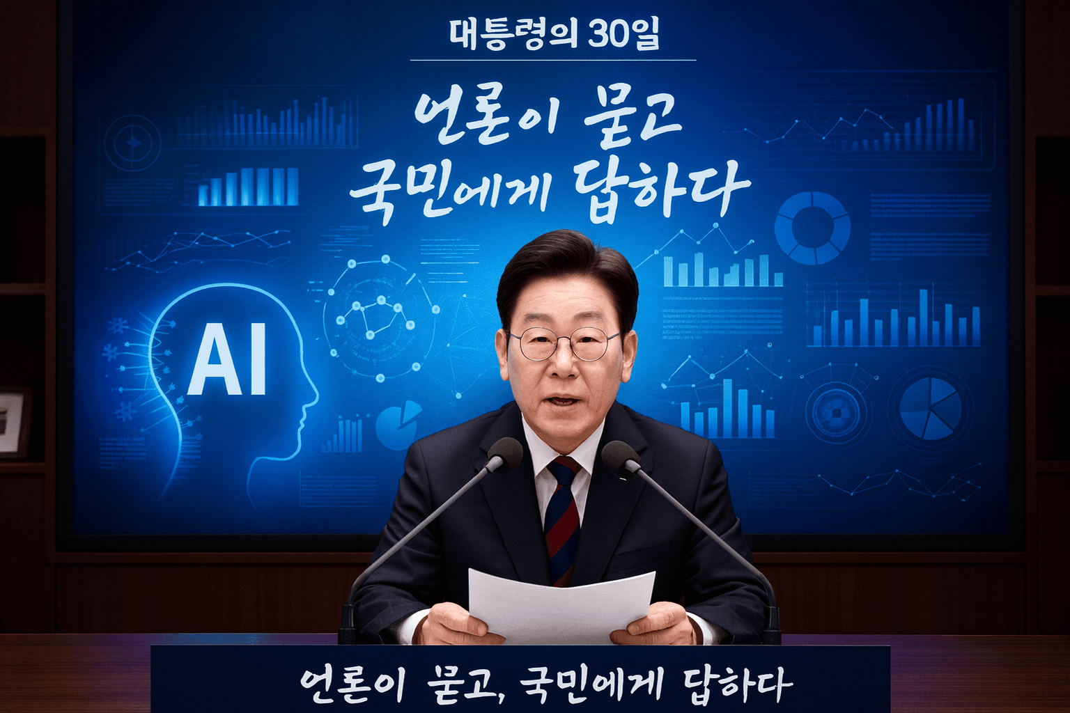현대적인 집무실에서 인공지능 정책을 논의하는 한국 대통령 모습 1