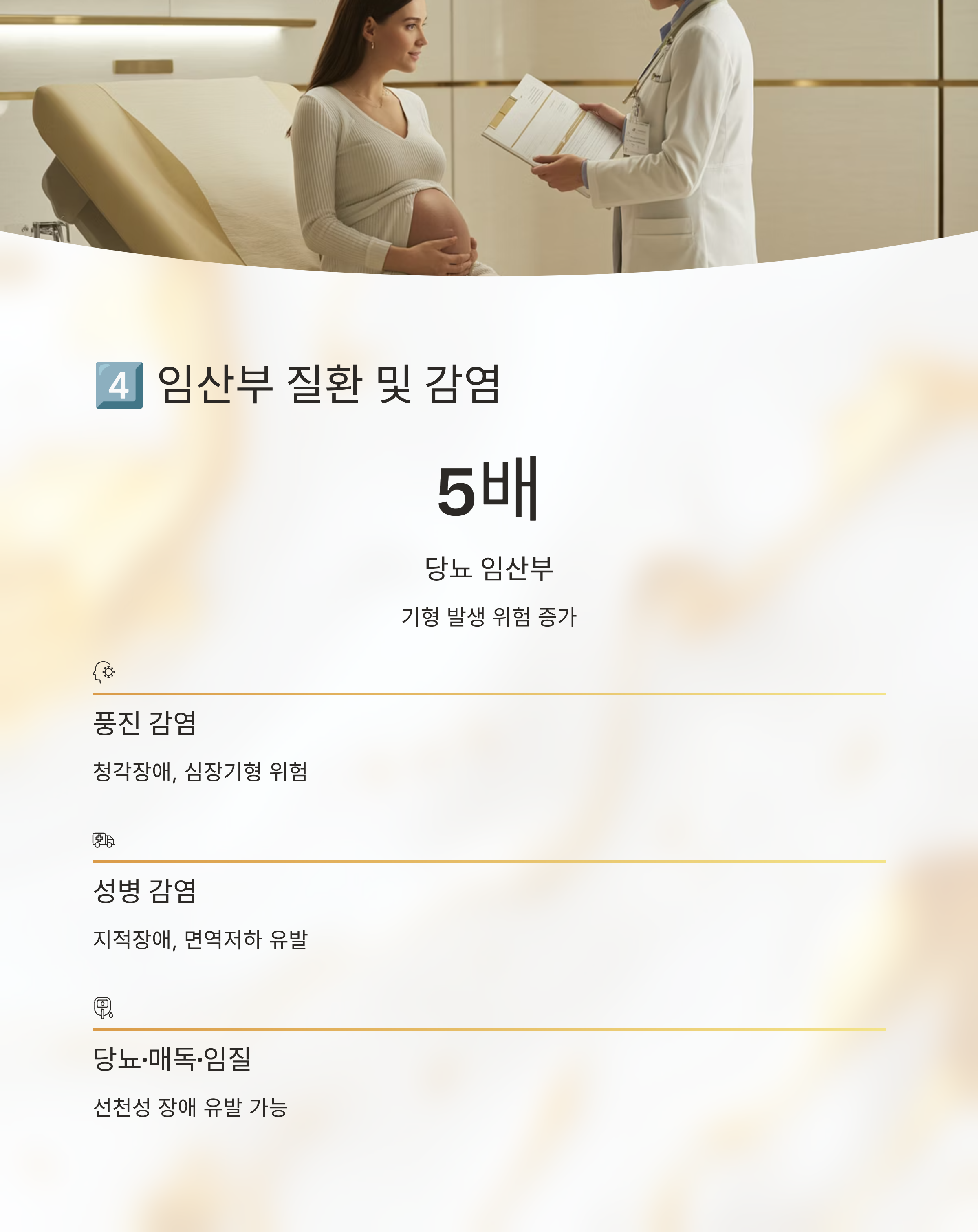 임산부 질환 및 감염으로 인한 기형 발생 위험을 다룬 인포그래픽으로, 의료진과 상담 중인 임신부의 모습과 풍진&middot;성병&middot;당뇨 등 관련 질환이 설명된 이미지