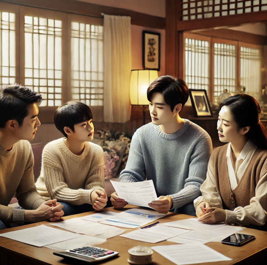 가정에서 유족들이 정부로부터 받을 수 있는 혜택에 대해 논의하는 장면.