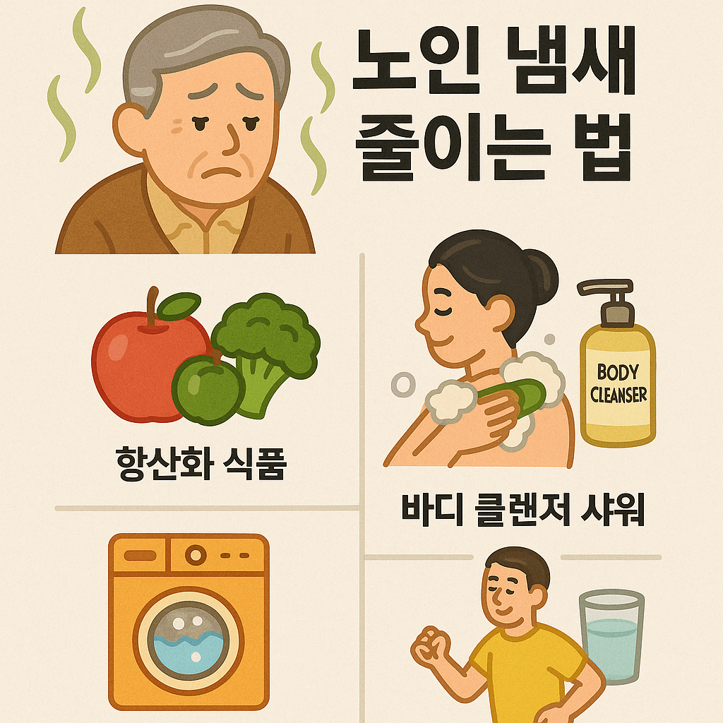 노인냄새 줄이는 법으로 항산화식품 섭취, 바디클레저로 샤워하는 모습, 세탁,운동과 수분 섭취등의 모습을 표현