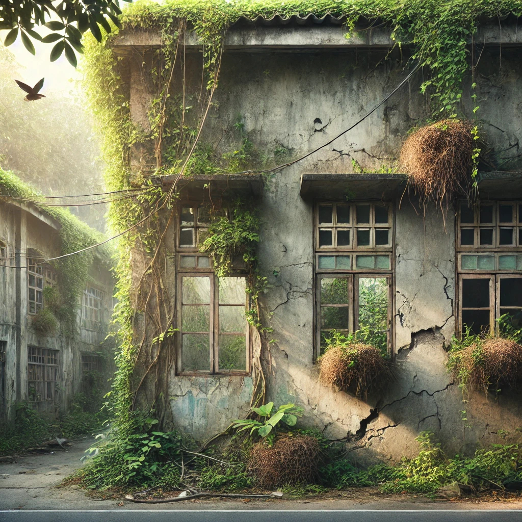 관리되지 않은 건축물에 식물생태계가 생겨난다.