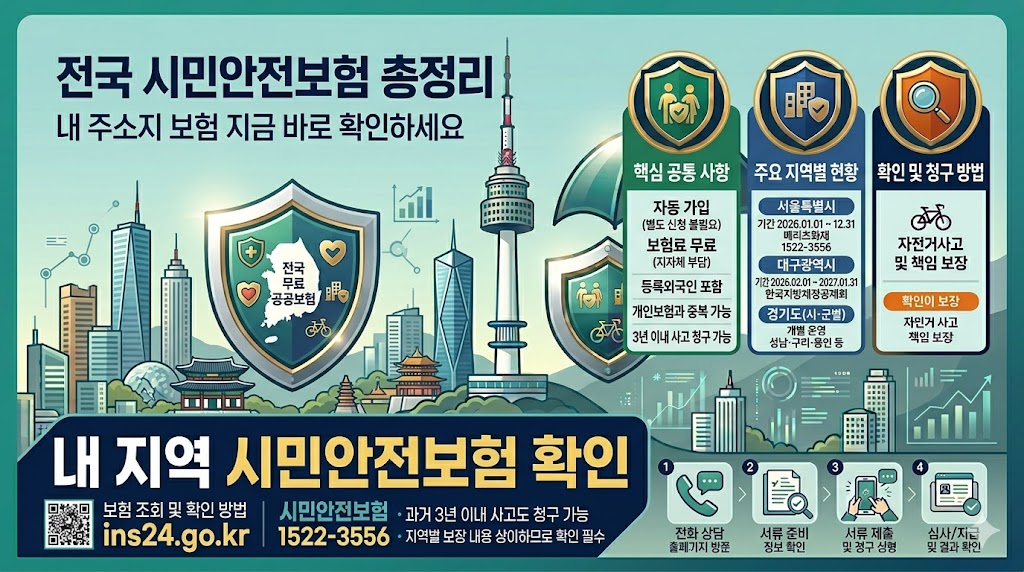전국 시민안전보험 지역별 확인 방법과 청구 절차를 담은 정부 정보 스타일의 안내 인포그래픽 이미지. '전국 시민안전보험 총정리, 내 주소지 보험 지금 바로 확인하세요'라는 타이틀과 함께 대한민국 지도 및 도시 실루엣 배경이 그려져 있습니다. 상단 우측에는 핵심 공통사항(자동 가입, 보험료 무료, 개인보험 중복 가능, 3년 이내 청구), 주요 지역별 현황(서울&middot;대구&middot;경기), 확인 및 청구 방법이 세 개의 카드 섹션으로 깔끔하게 구조화되어 있으며, 하단에는 전용 조회 사이트(ins24.go.kr)와 통합상담센터 번호(1522-3556), 그리고 4단계 초간단 청구 프로세스(전화 상담, 서류 준비, 서류 제출, 심사 및 지급)가 가독성 높은 디자인으로 정리되어 있습니다.