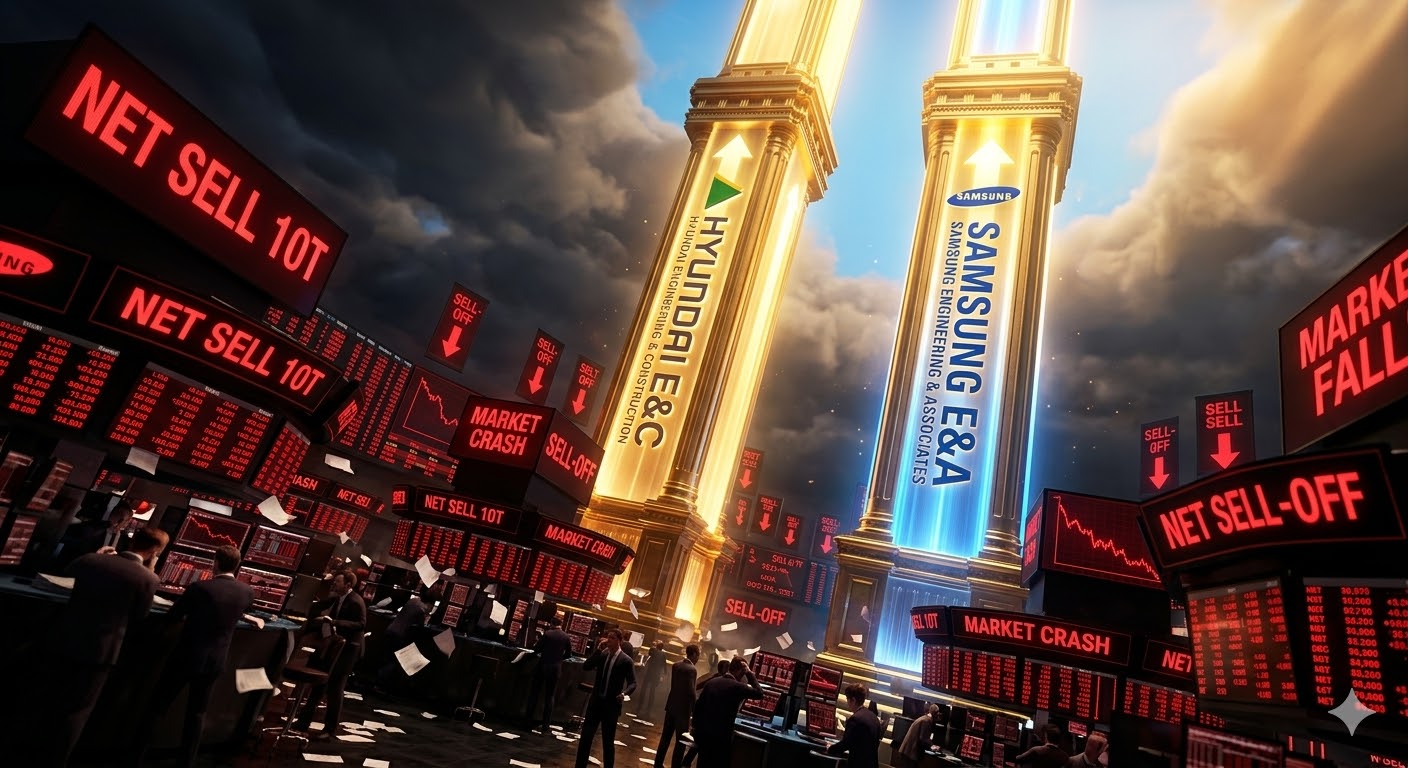 어두운 전광판에 '외인 매도 10조'가 찍히는 가운데, 현대건설과 삼성E&amp;A 로고가 새겨진 기둥만이 황금빛으로 빛나며 위로 솟구치는 3D 이미지