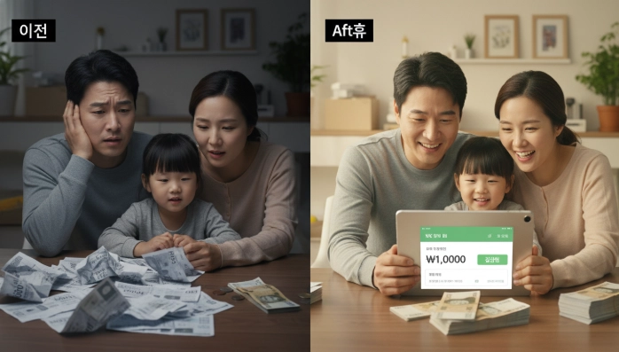 AI 비교 전 복잡한 통신비에 걱정하던 한국 가족이 AI 분석 후 절약된 통신비와 함께 만족하는 모습을 담은 비교 이미지.