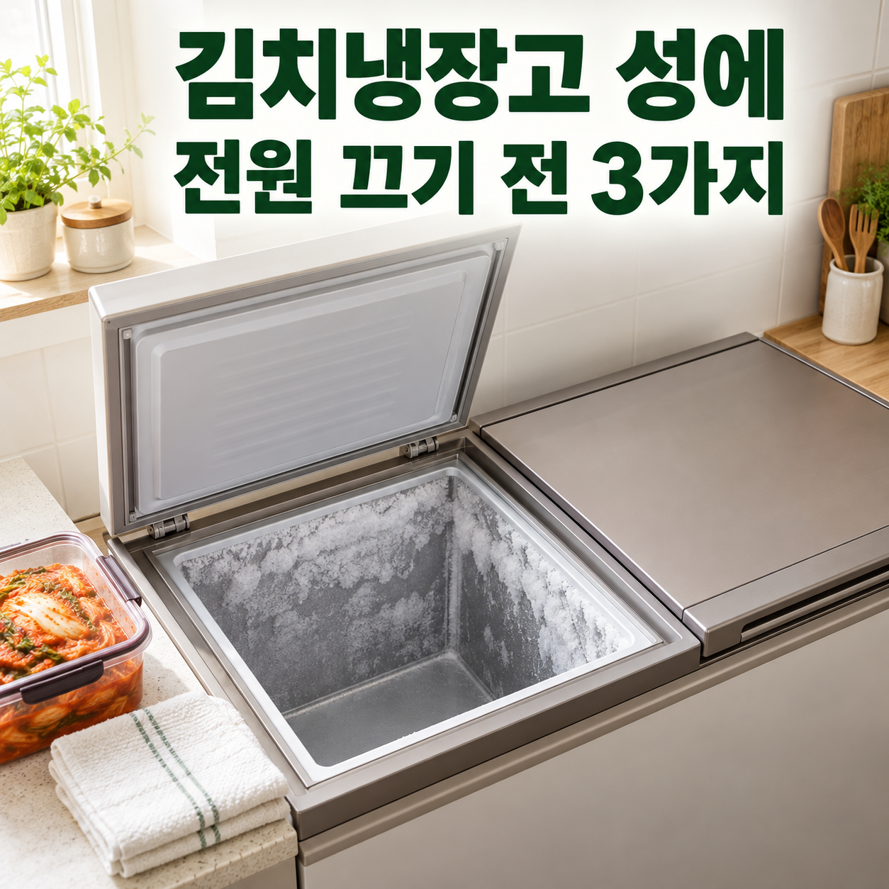 성에가 낀 뚜껑형 김치냉장고