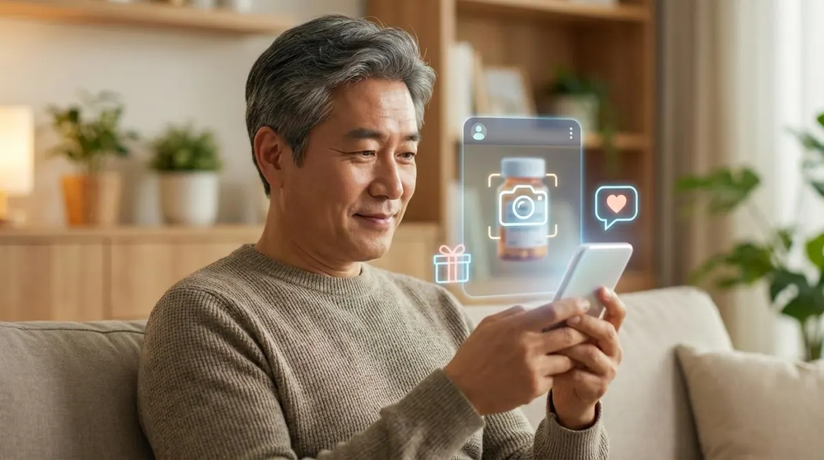 스마트폰을 진지하게 보며 카카오톡 인공지능 비서의 기능을 확인하고 기뻐하는 50대 남성의 모습