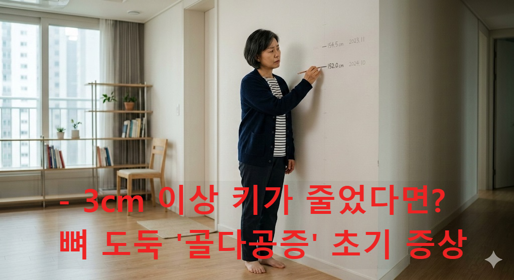 키가 줄어든 것을 확인하고 걱정하는 중장년 여성의 모습