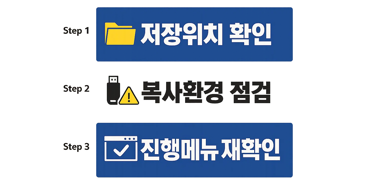 기업은행 공동인증서 PC 인식 안됨 상황에서 저장위치 확인과 복사환경 점검, 진행메뉴 재확인 순서를 정리한 인포그래픽 이미지
