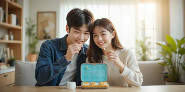 커플이 함께 비티민c를 먹는 모습