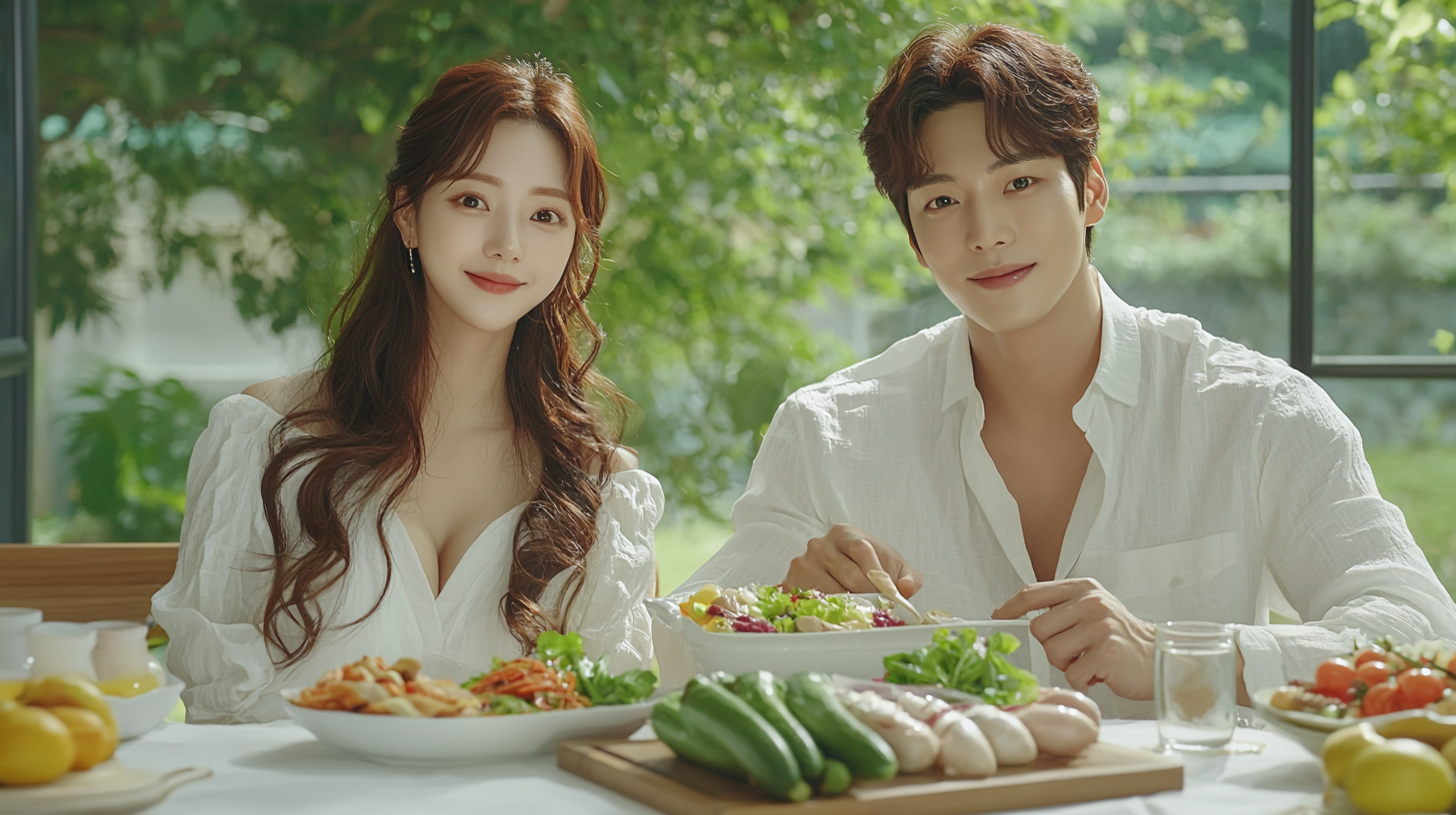 남녀가 다정하게 앉아 식단관리를 실천하고 있는 이미지