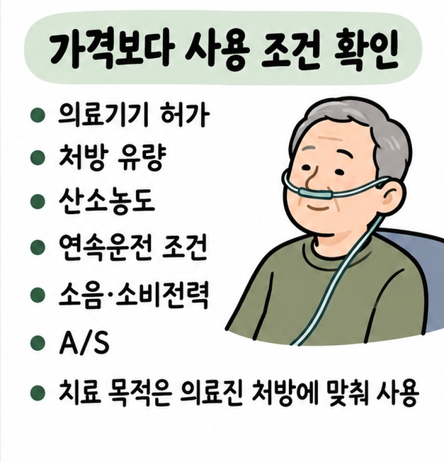 의료기기 허가와 처방 유량, 산소농도, 연속운전, 소음과 A/S를 확인하는 구매 체크리스트 카드