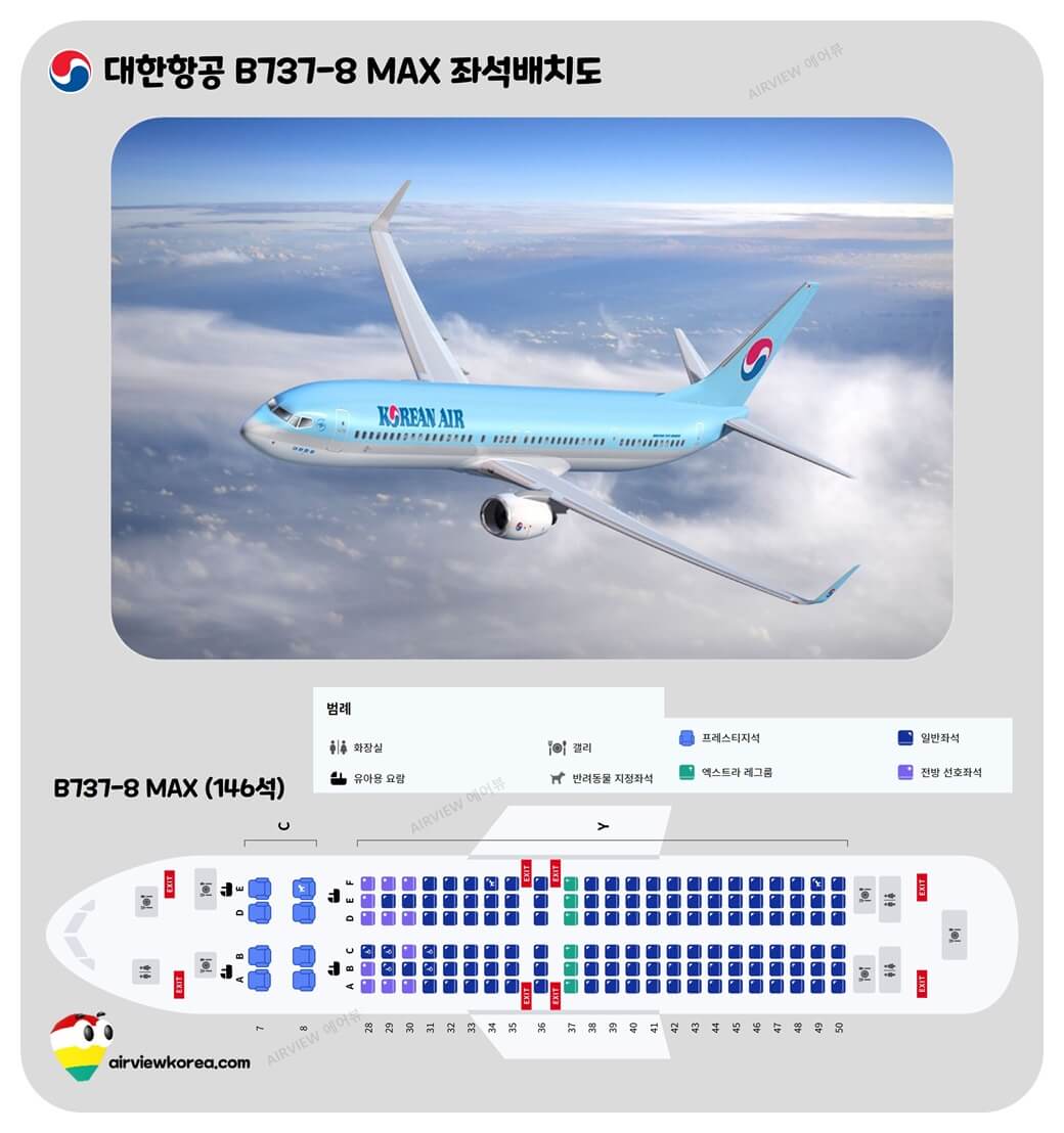 대한항공 B737MAX 기종의 좌석 배치를 보여주는 단면도