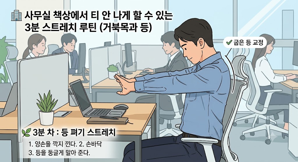 사무실에서 거북목과 굽은 등 교정을 위해 책상에 앉아 3분 등 펴기 스트레칭을 하는 직장인 남성의 일러스트 가이드 이미지.