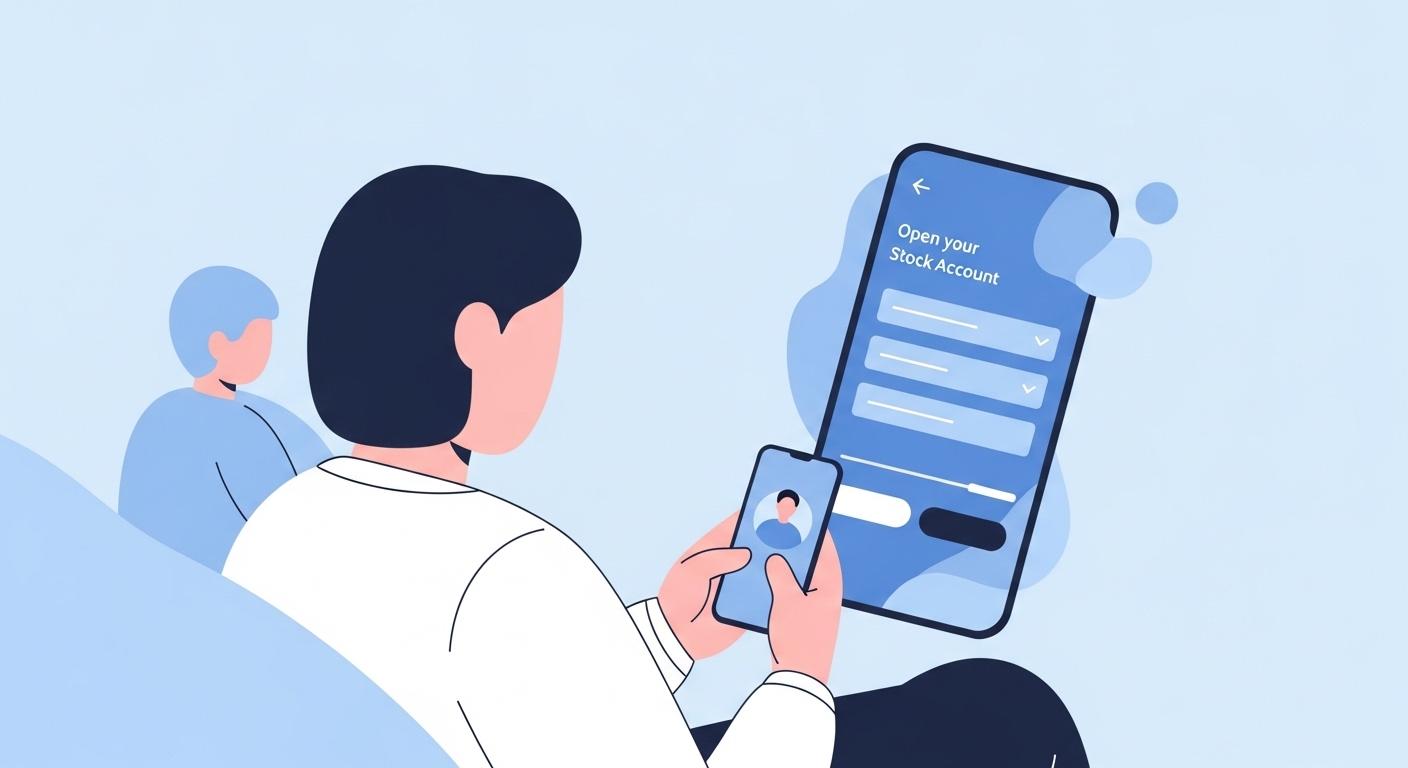 부모가 휴대폰으로 자녀 주식계좌를 개설하는 장면 &mdash; 미리 준비한 서류로 빠르게 인증해야 합니다.