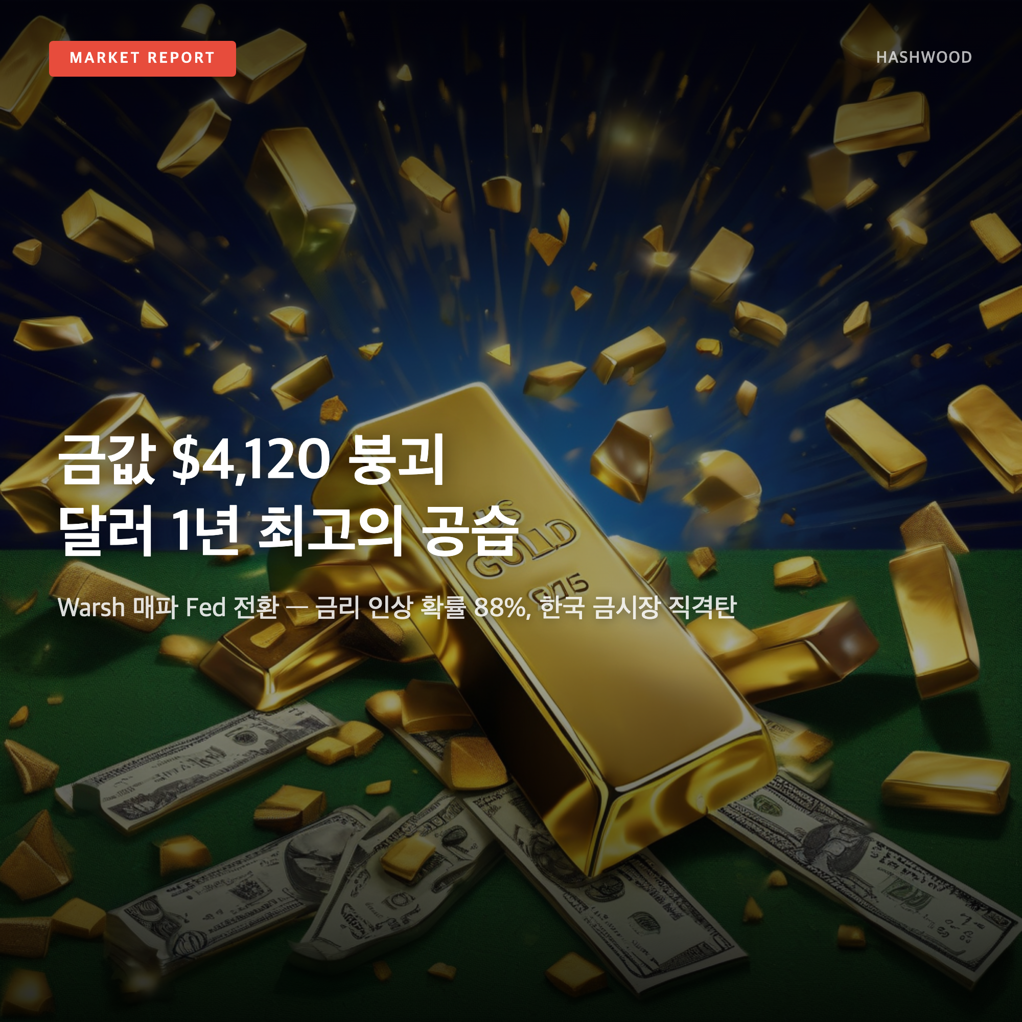 금값 $4,120 붕괴, 달러 1년 최고의 공습 — Warsh 매파 Fed 전환이 한국 금시장·금리·환율에 미치는 영향