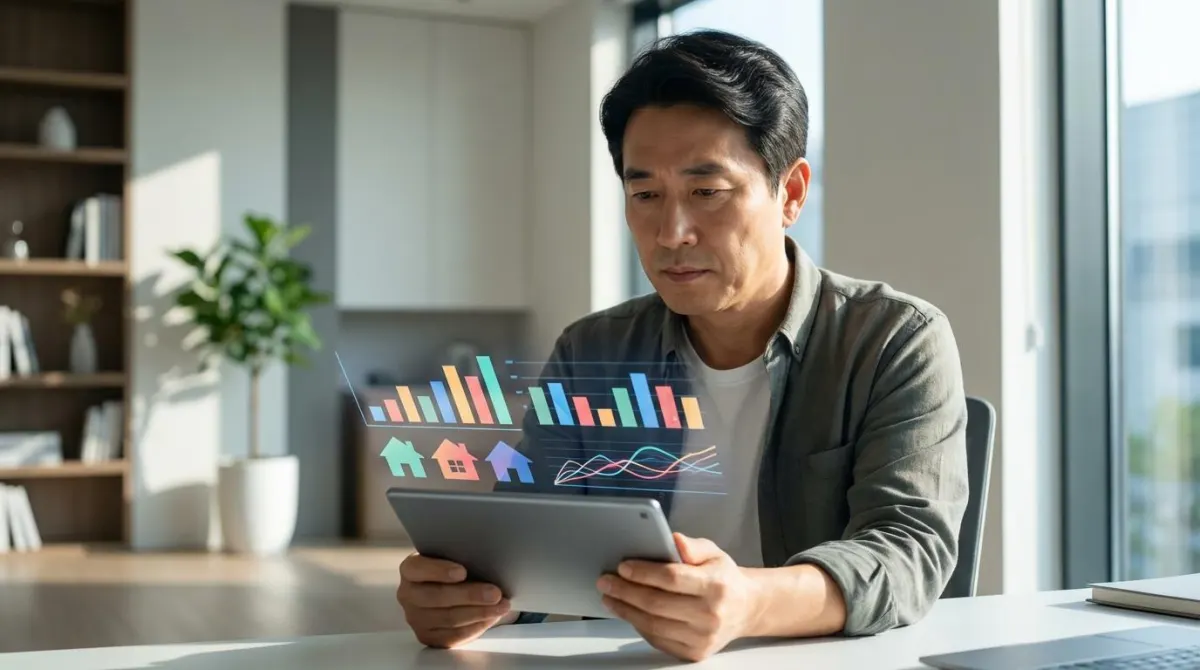 2026년 공시가격 발표 후 태블릿 PC를 활용해 주택 공시가격 데이터와 절세 전략을 진지하게 분석하고 있는 1주택자 남성의 모습