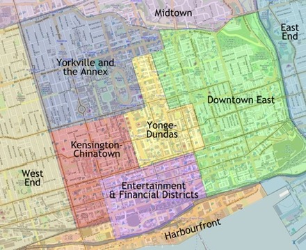 캐나다 토론토를 지구별로 나눈 사진이다. 북쪽부터 남쪽까지, Uptown, Midtown, Yonge-Dundas, Entertainment&amp;Financial Districts, Harbourfront 가 있다. 서쪽에는 Yorkville and the Annex, Kensington&amp;Chiantown, West End가 있으며, 동쪽에는 Downtown East, East end가 있다.
