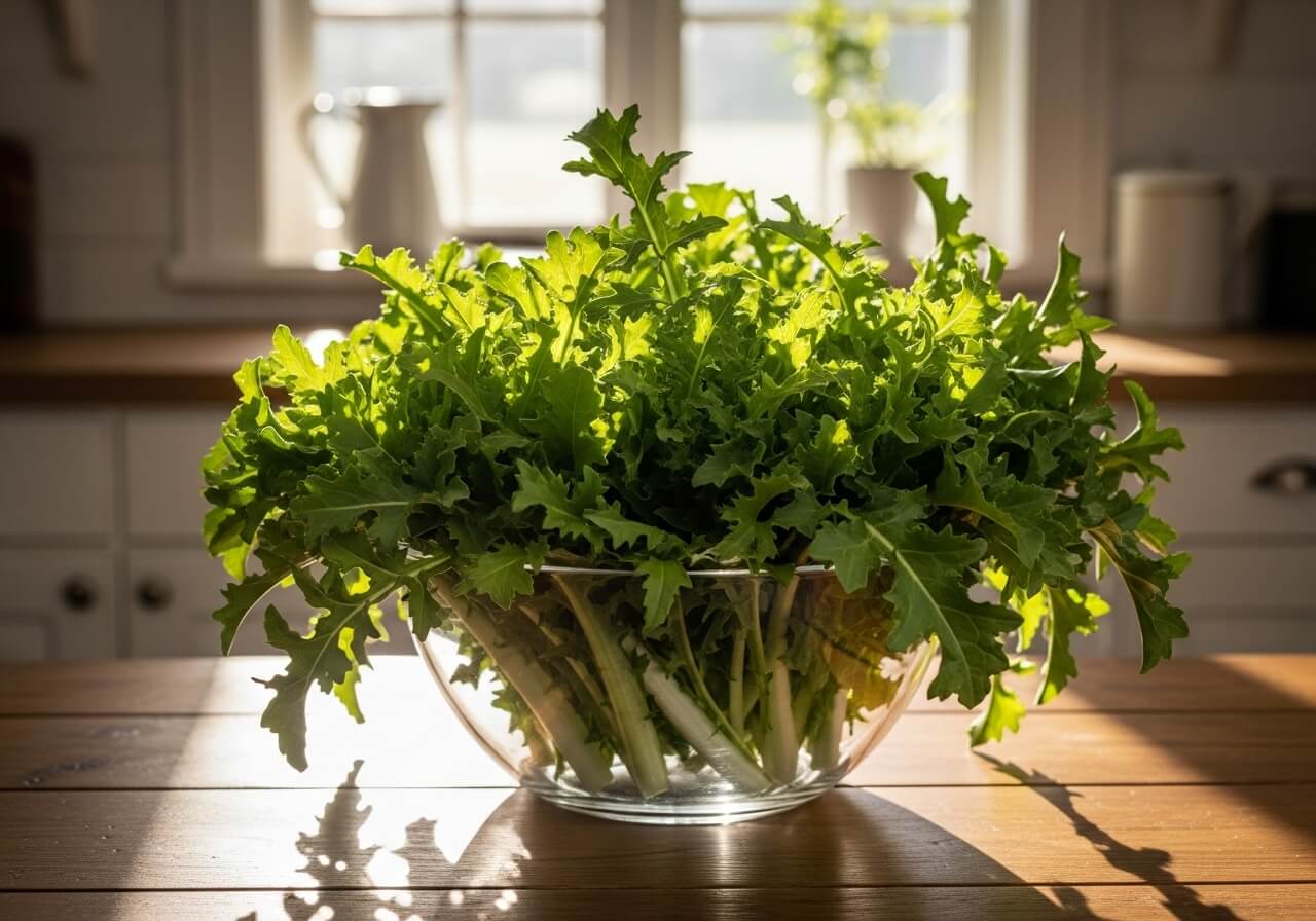 전원주택 주방의 햇살 아래 유리볼에 담긴 국내산 엔다이브형 치커리, 갈라진 잎이 신선하게 빛나는 장면