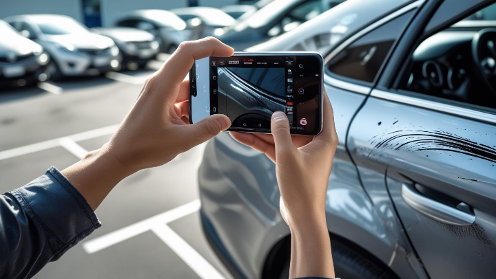 렌터카 외관을 스마트폰으로 촬영하고 블랙박스 작동을 확인하는 장면