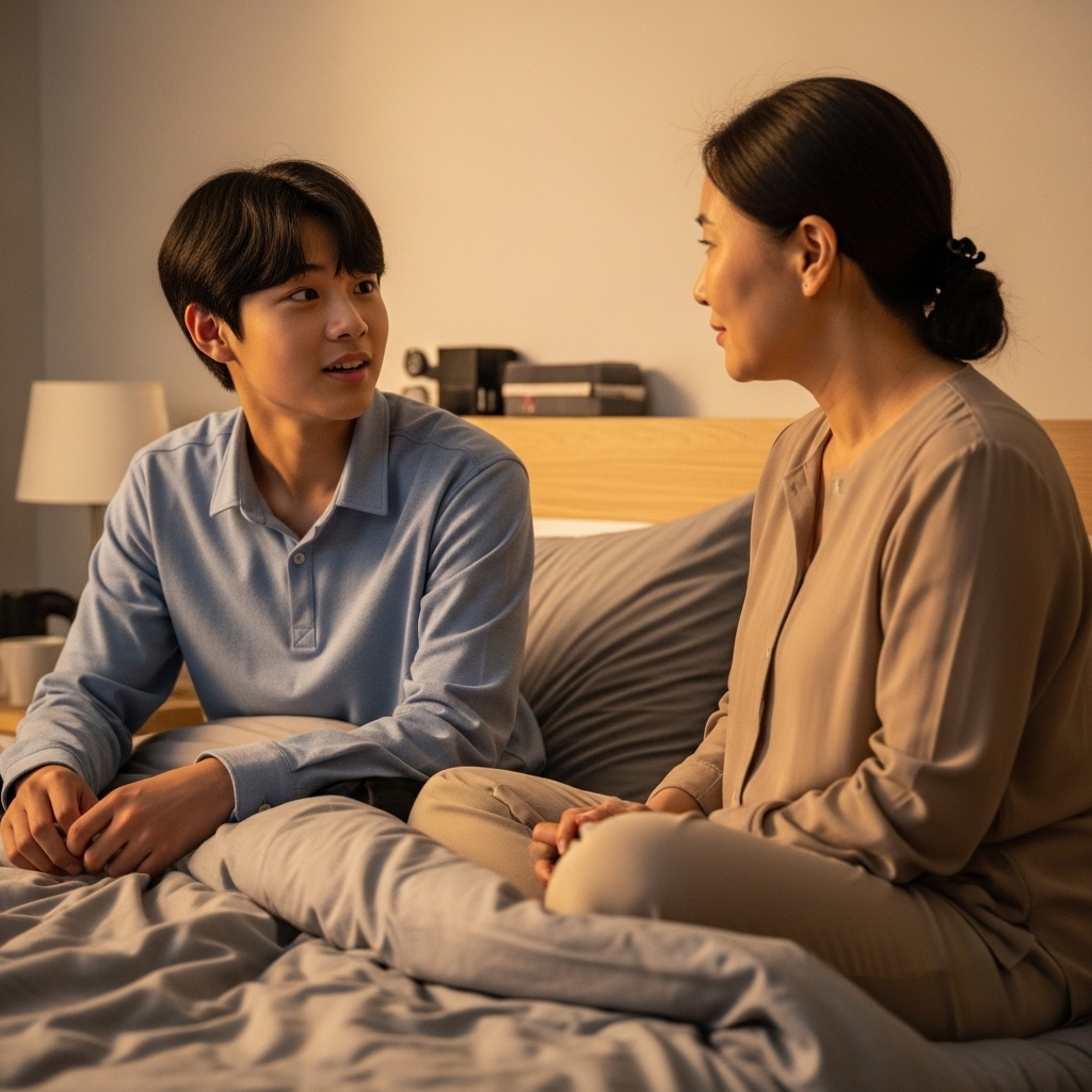 아들과 대화중인 엄마