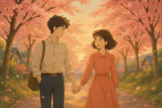 벚꽃 길에서 연인이 손을 잡고 걸어가는 지브리풍 애니메이션 느낌 이미지