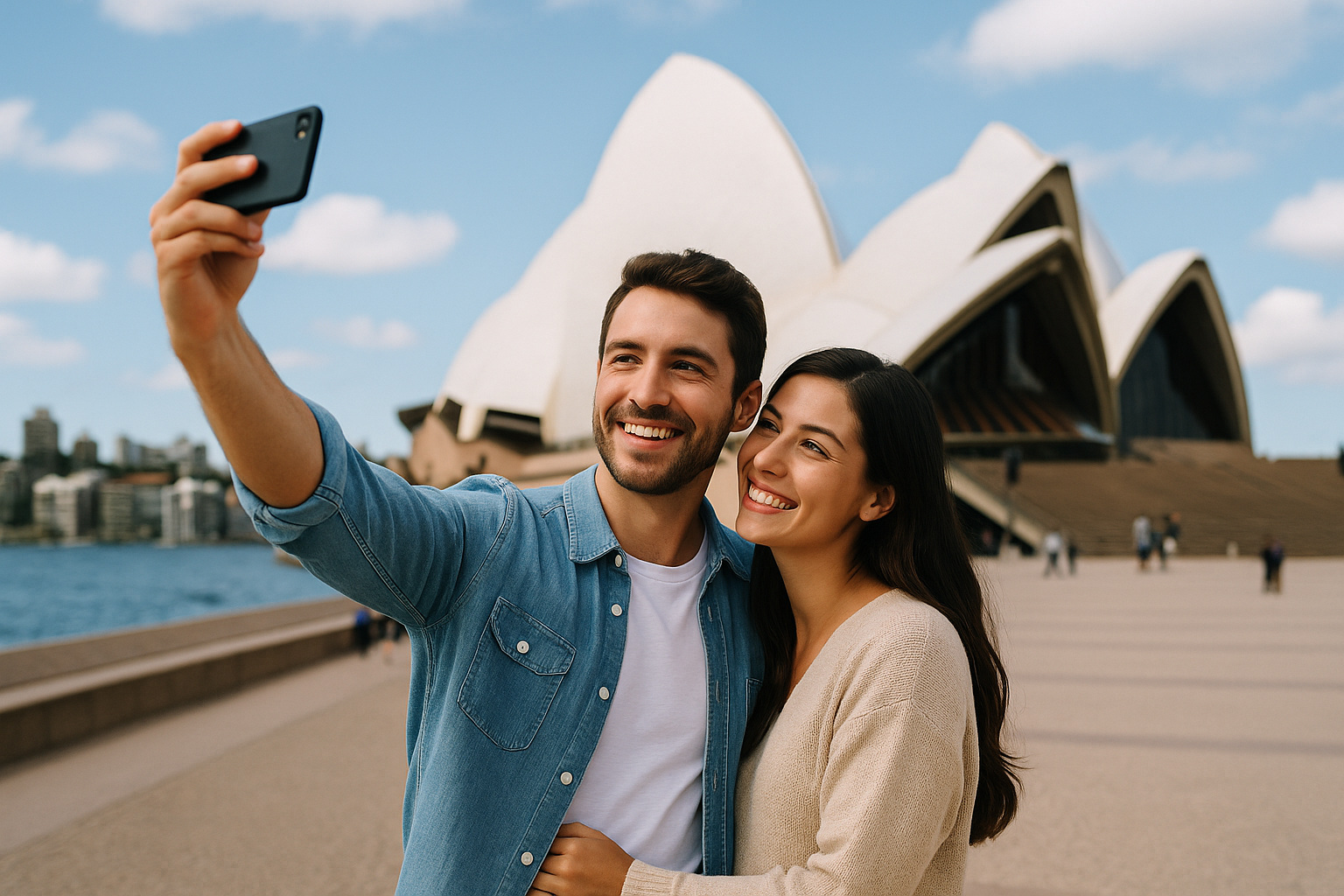 시드니 오페라하우스 앞에서 셀카를 찍는 커플