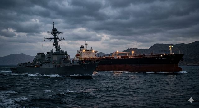 호르무즈 해협 긴장 상황 속 유조선과 군함 모습, 유가 상승 위기 설명 이미지