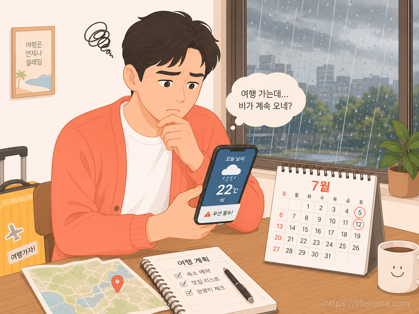 비 내리는 창밖을 바라보며 여름 휴가 달력과 기상 예보를 확인하는 일러스트