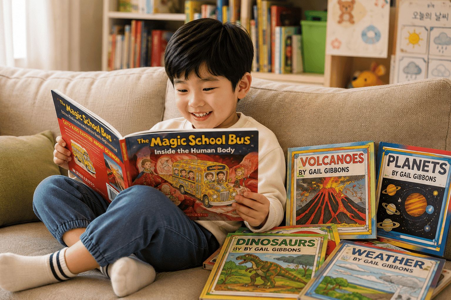 만 6세 아이가 소파에서 홀로 'the Magic School Bus'를 즐겁게 읽고 있는 모습