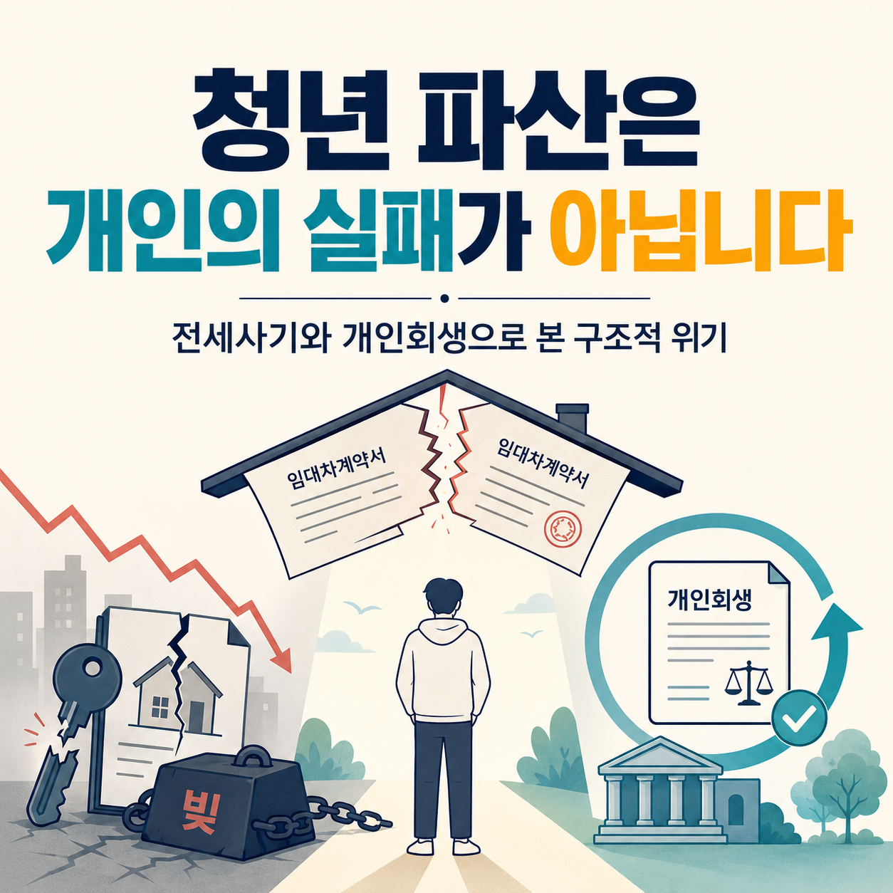 청년 파산의 구조적 원인인 전세사기와 부채 문제, 개인회생을 통한 회복 과정을 표현한 인포그래픽